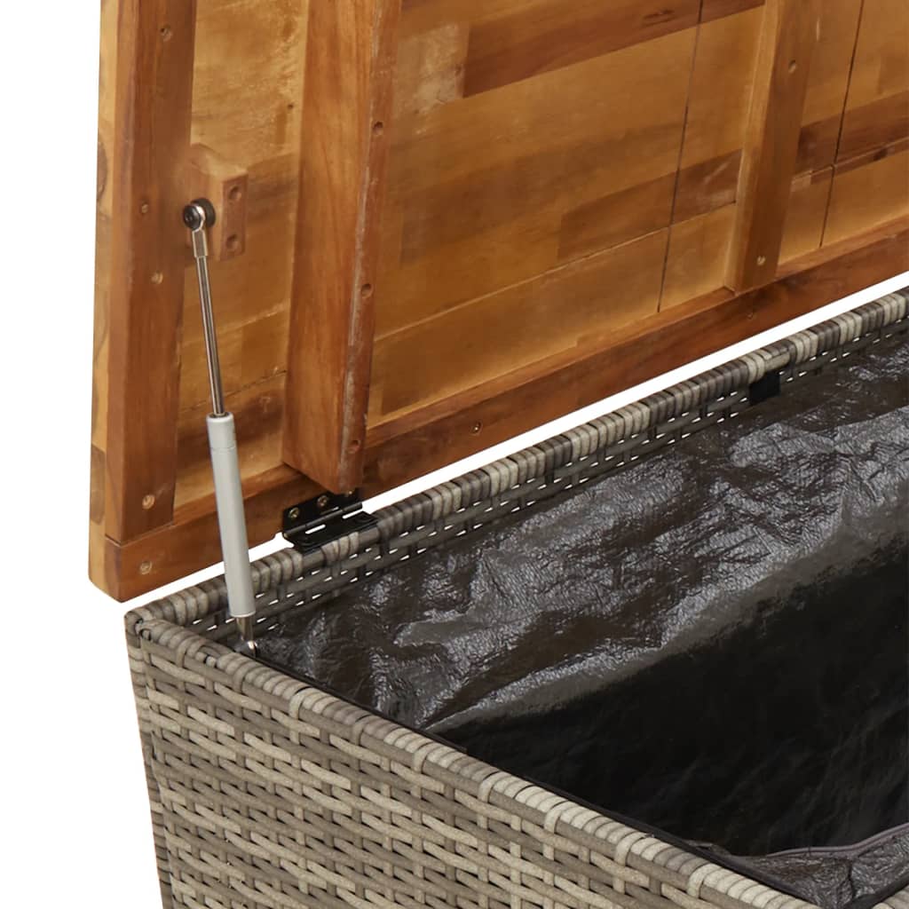 Szürke polyrattan és akácfa kerti tárolóláda 110 x 55 x 63 cm