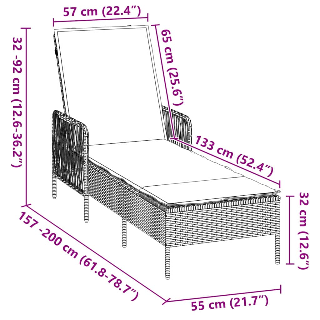 Napozó fekete és krémfehér 55 x 200 x 92 cm polirattan