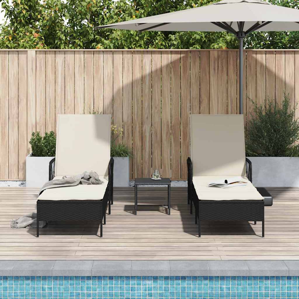 Napozó 3 pcs fekete és krémfehér 55 x 200 x 92 cm polirattan