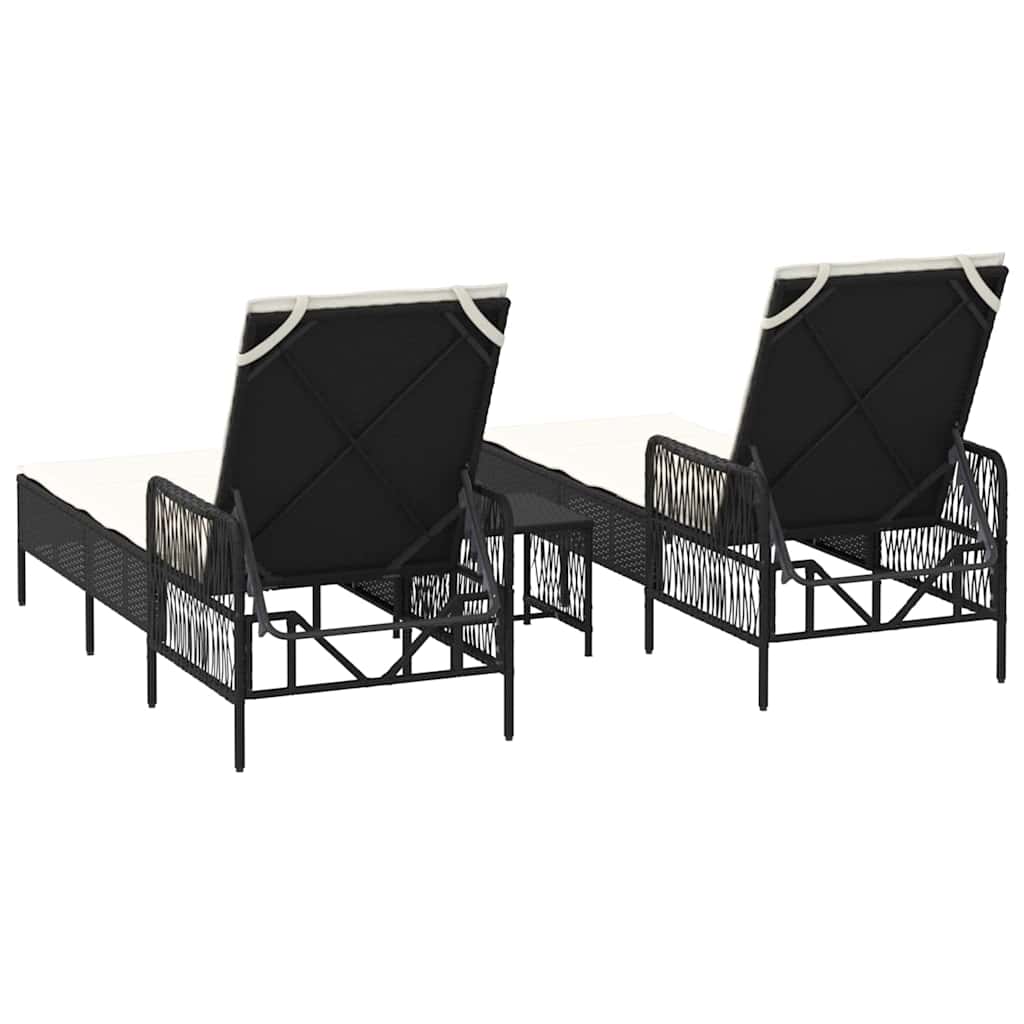 Napozó 3 pcs fekete és krémfehér 55 x 200 x 92 cm polirattan
