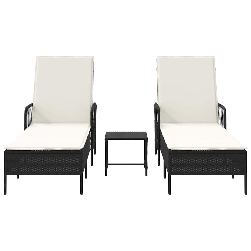 Napozó 3 pcs fekete és krémfehér 55 x 200 x 92 cm polirattan