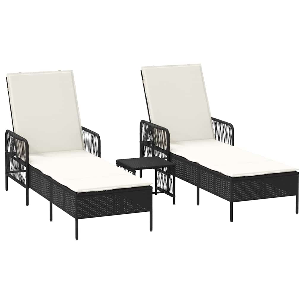 Napozó 3 pcs fekete és krémfehér 55 x 200 x 92 cm polirattan