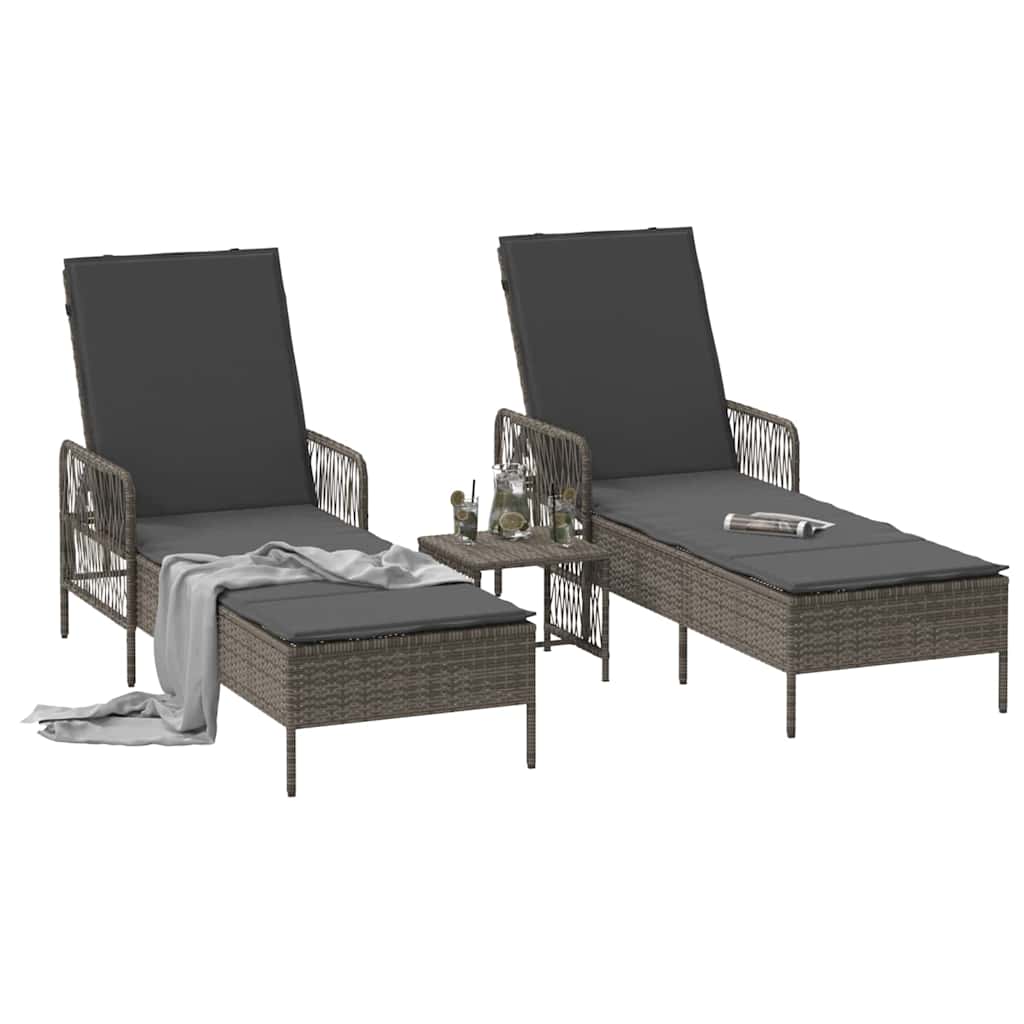 Napozó 3 pcs szürke és sötétszürke 55 x 200 x 92 cm polirattan