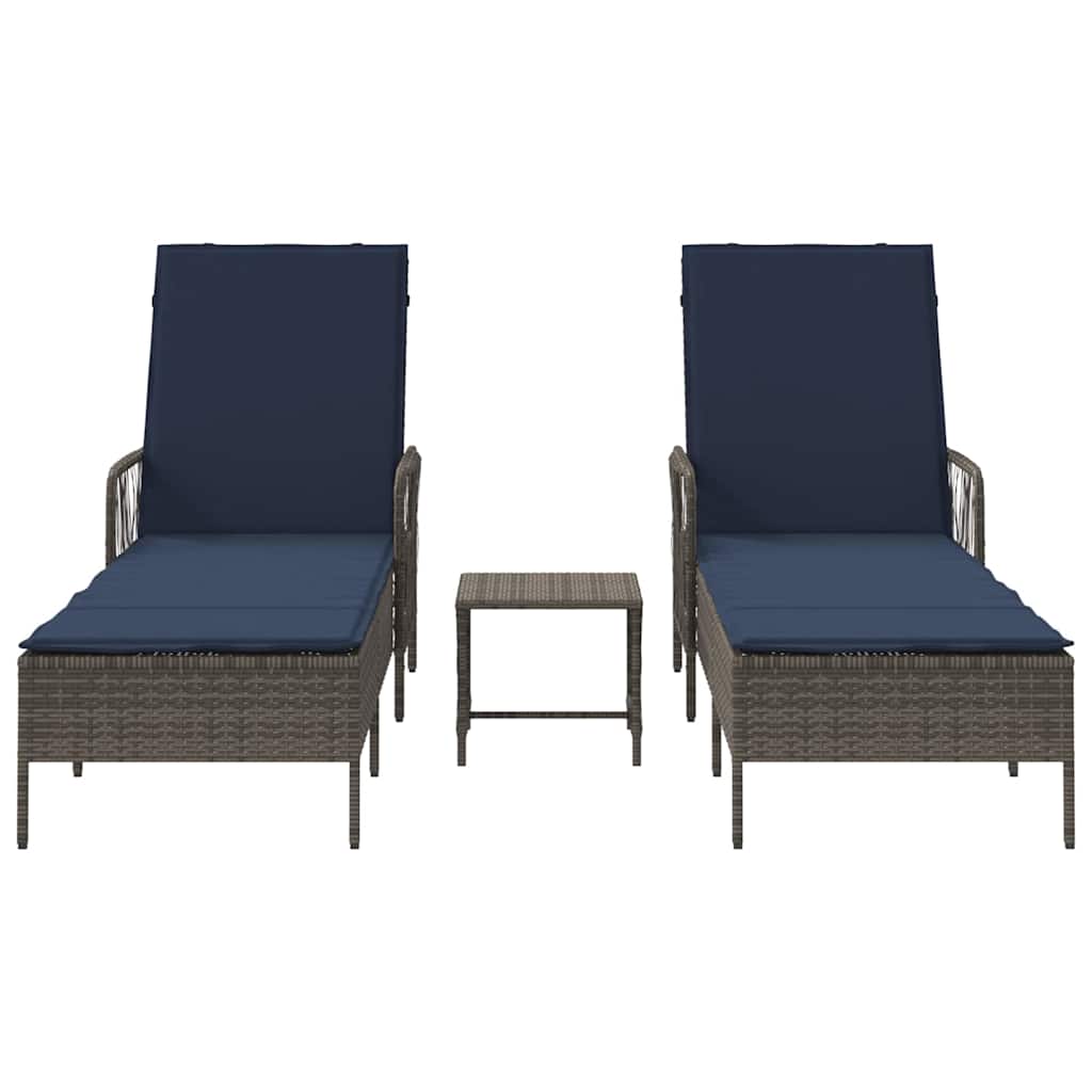 Napozó 3 pcs szürke és sötétkék 200 x 55 x 92 cm polirattan