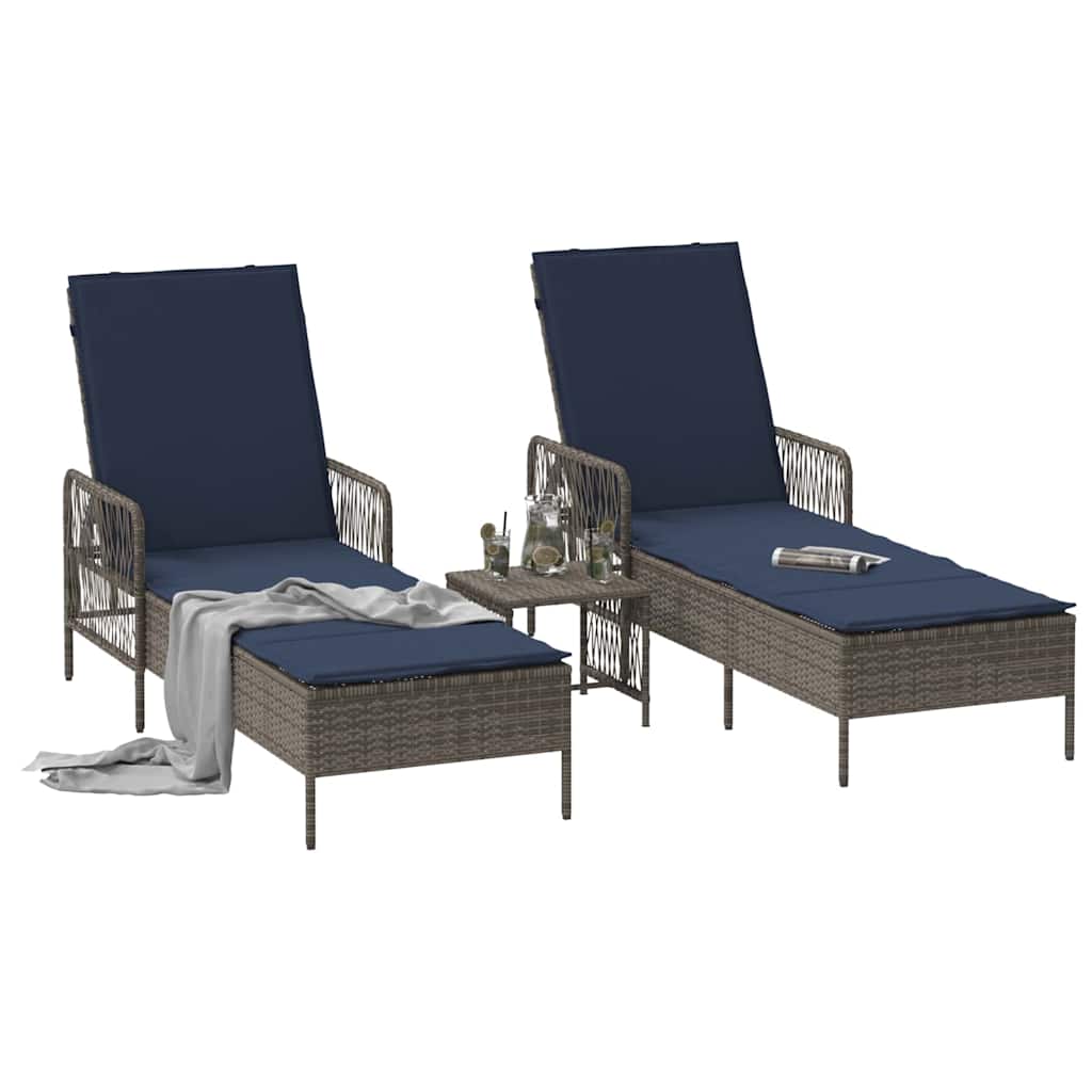 Napozó 3 pcs szürke és sötétkék 200 x 55 x 92 cm polirattan