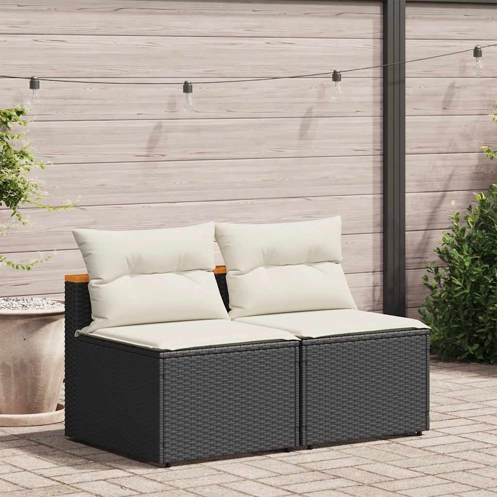2 db fekete polyrattan karfa nélküli kerti kanapé párnákkal