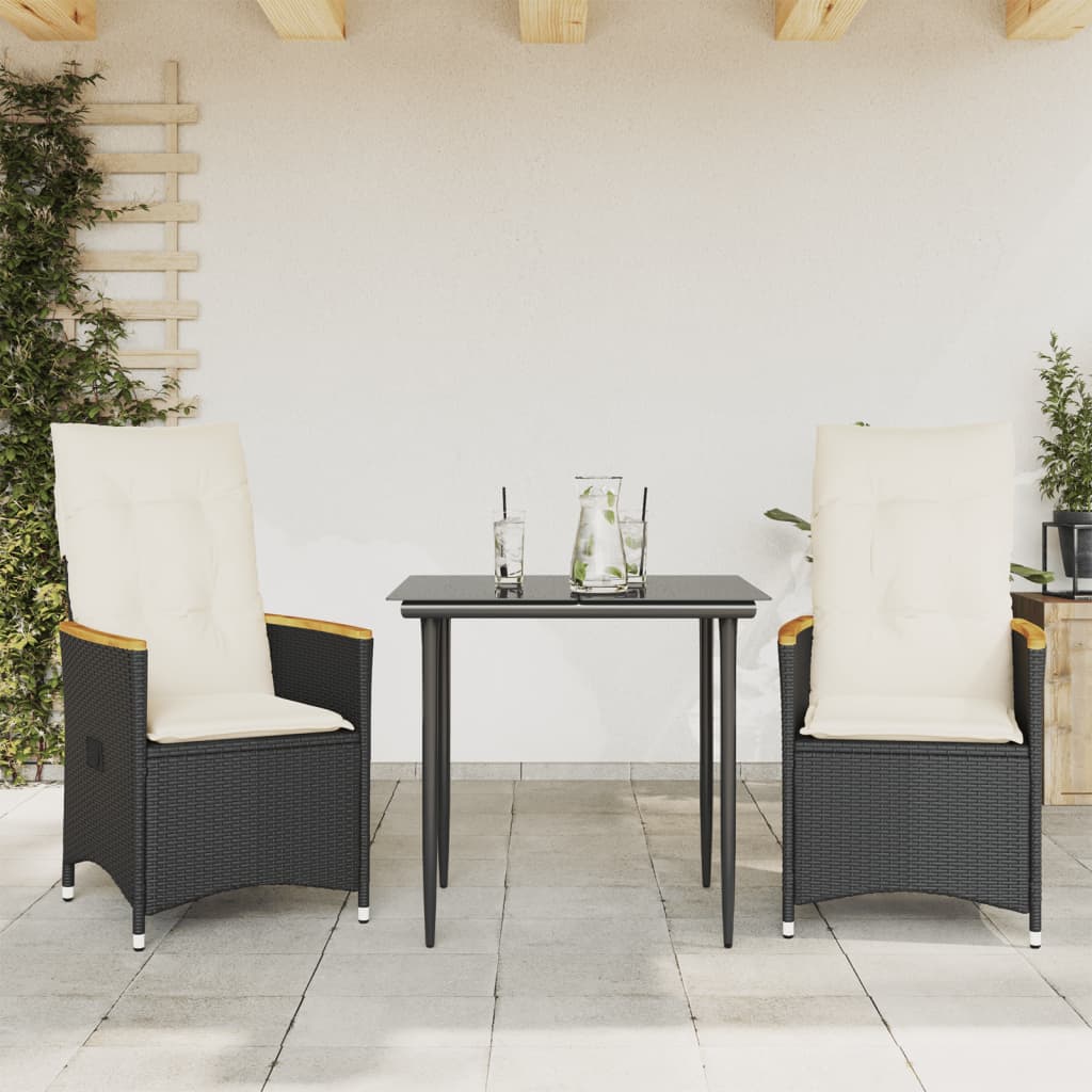2 db fekete polyrattan dönthető kerti szék párnával