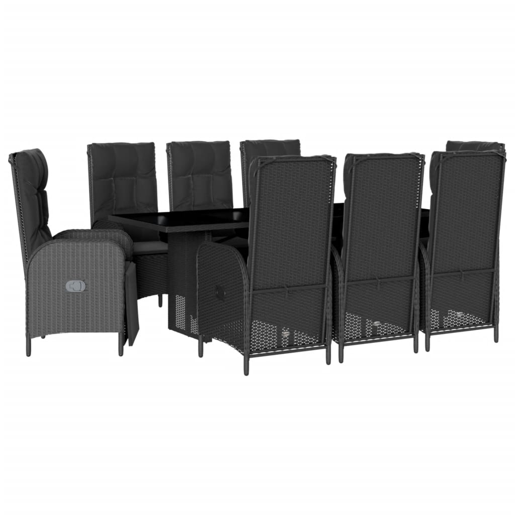 9 részes fekete polyrattan kerti étkezőgarnitúra párnákkal
