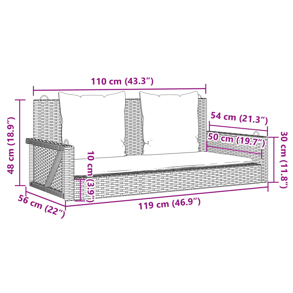 Szürke polyrattan hintapad párnákkal 119x56x48 cm