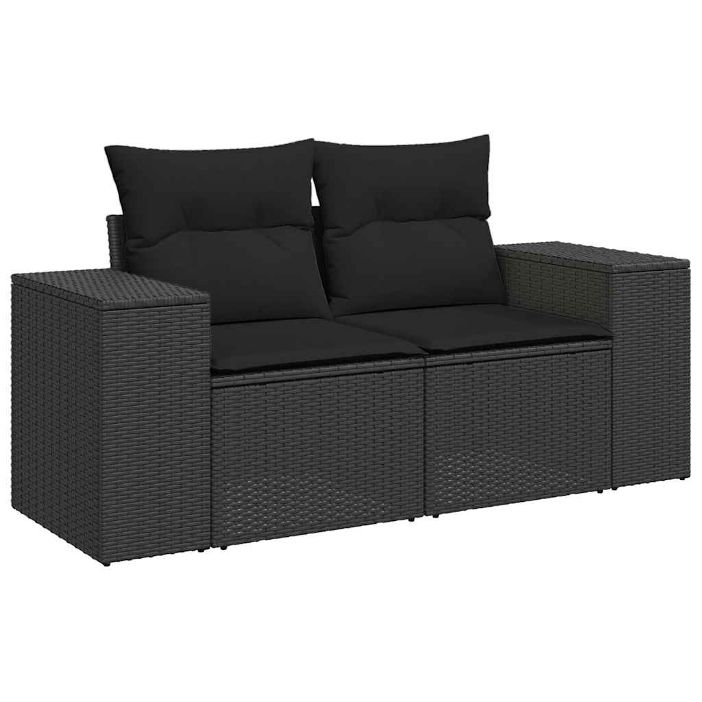 Kétszemélyes fekete polyrattan kerti kanapé párnákkal