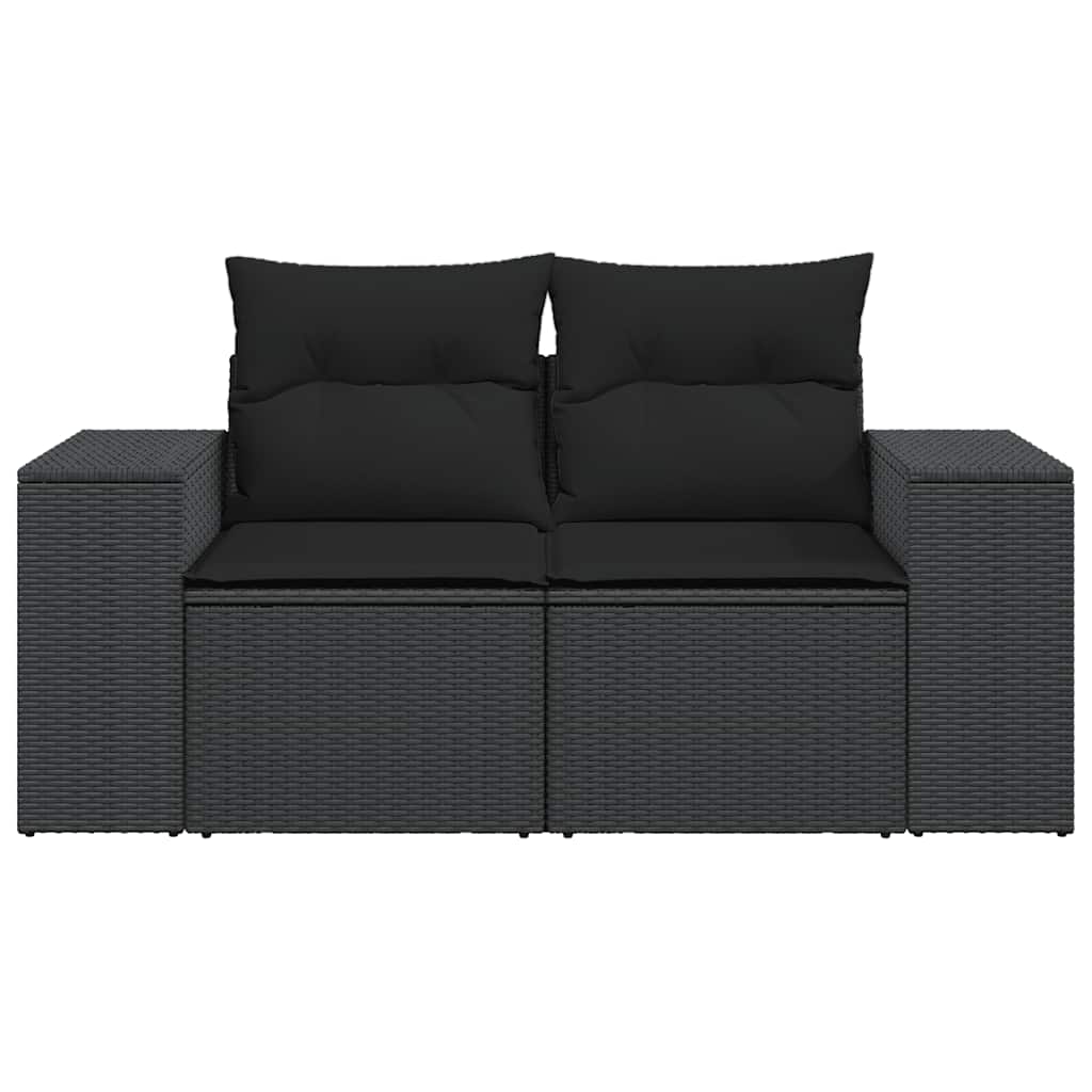 Kétszemélyes fekete polyrattan kerti kanapé párnákkal