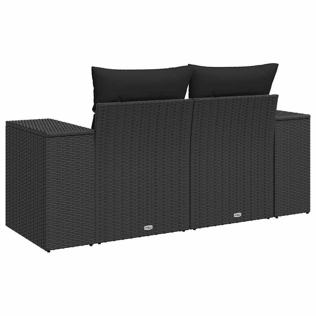Kétszemélyes fekete polyrattan kerti kanapé párnákkal