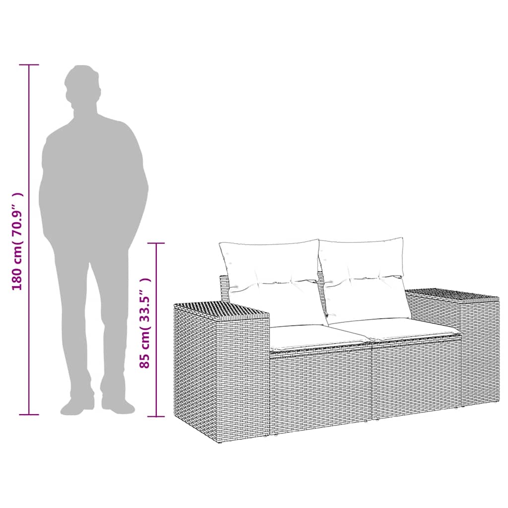 Kétszemélyes fekete polyrattan kerti kanapé párnákkal