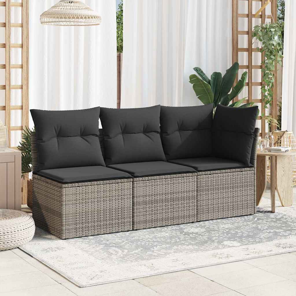 Szürke polyrattan karfa nélküli kerti kanapé párnával