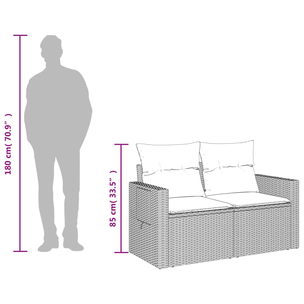 Kétszemélyes barna polyrattan kerti kanapé párnákkal