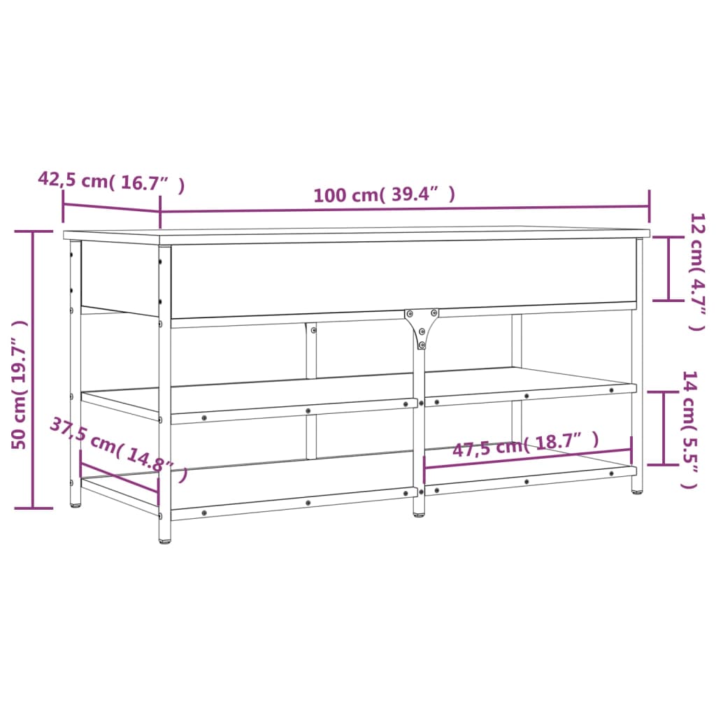 Füstös tölgy színű szerelt fa cipőtároló pad 100 x 42,5 x 50 cm