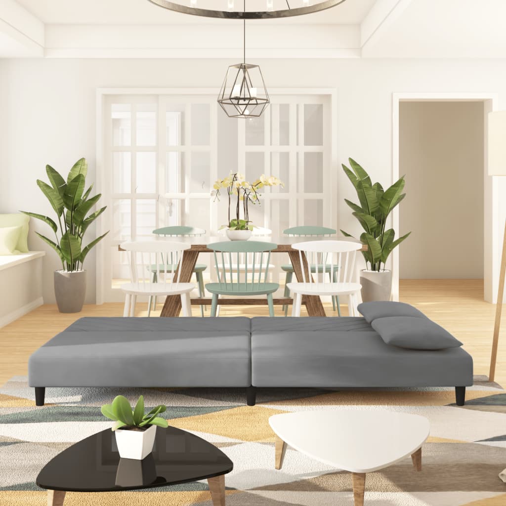 2 személyes világosszürke bársony kanapéágy két párnával