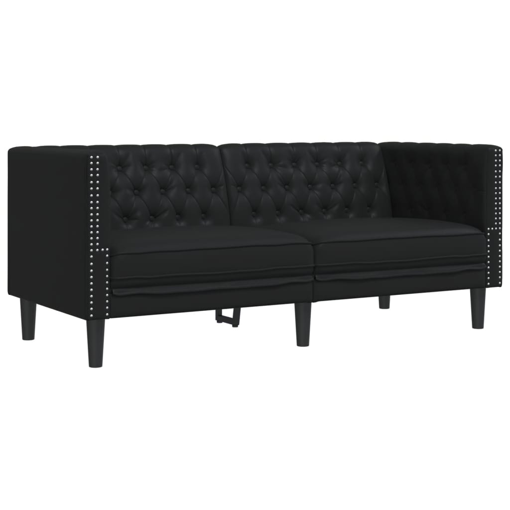 2 személyes fekete műbőr chesterfield kanapé