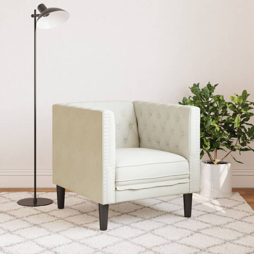 Krémszínű bársony chesterfield kanapéfotel