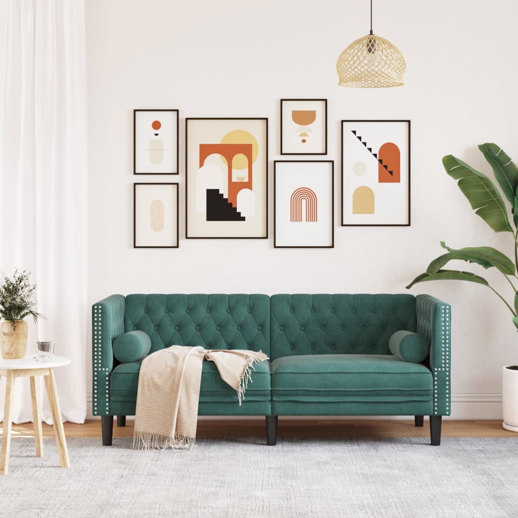 2 személyes sötétzöld bársony hengerpárnás chesterfield kanapé