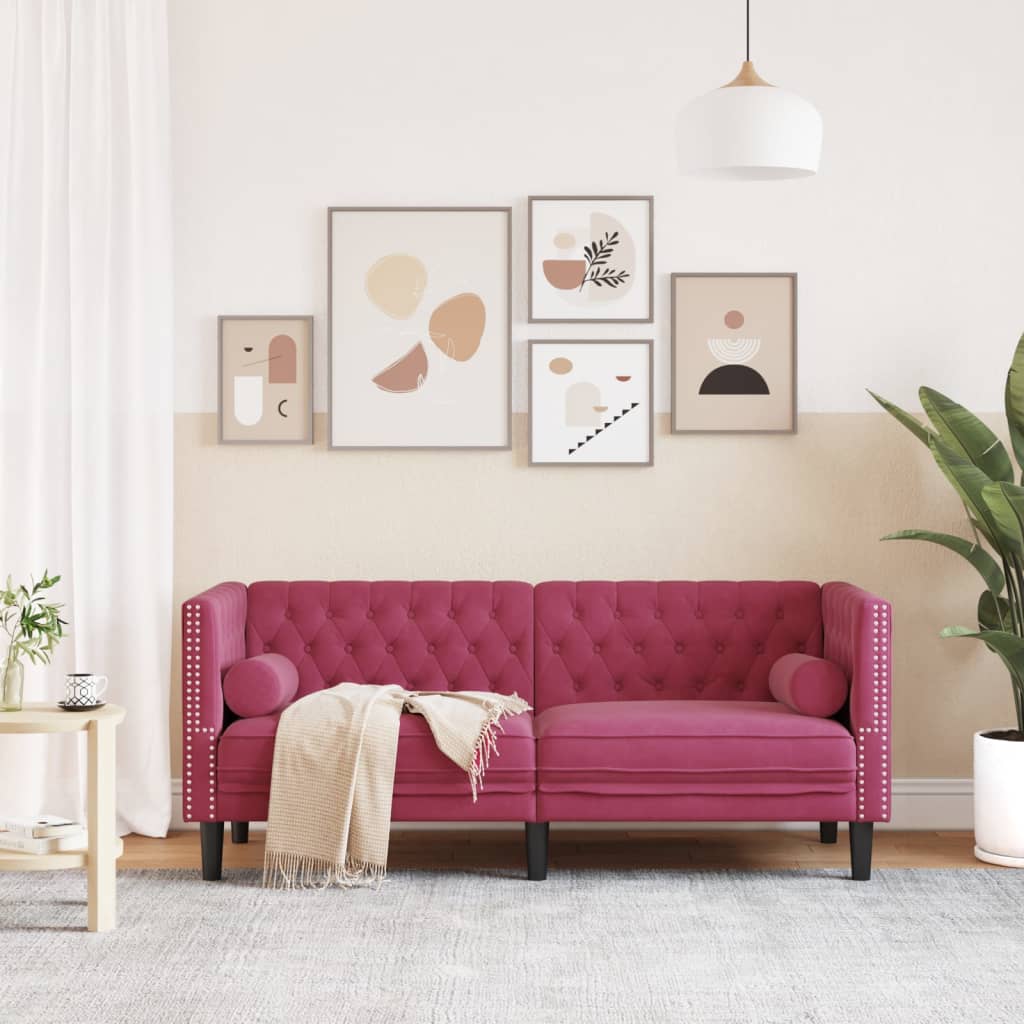 2 személyes bordó bársony chesterfield kanapé hengerpárnákkal 2 személyes bordó bársony chesterfield kanapé hengerpárnákkal