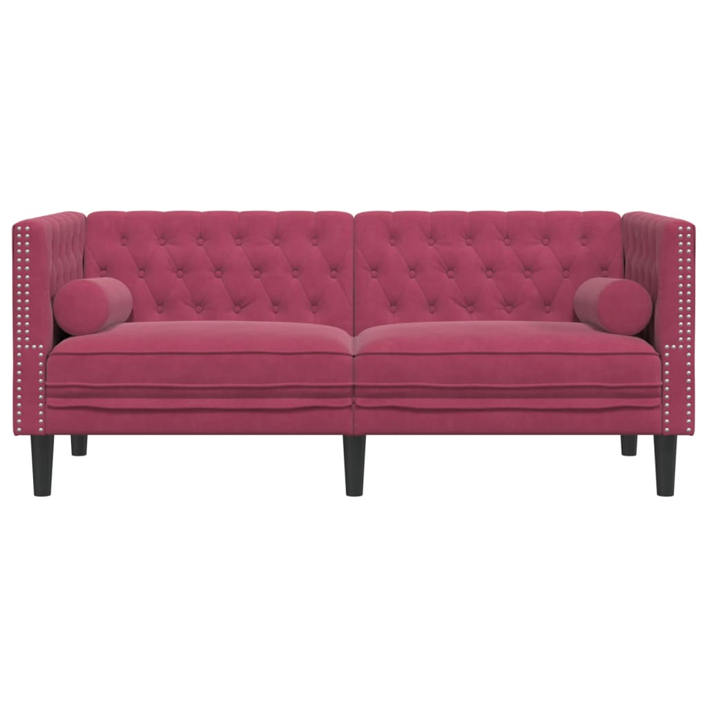 2 személyes bordó bársony chesterfield kanapé hengerpárnákkal 2 személyes bordó bársony chesterfield kanapé hengerpárnákkal