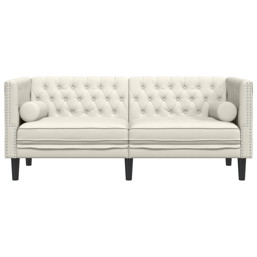 2 személyes krémszínű bársony chesterfield kanapé párnákkal