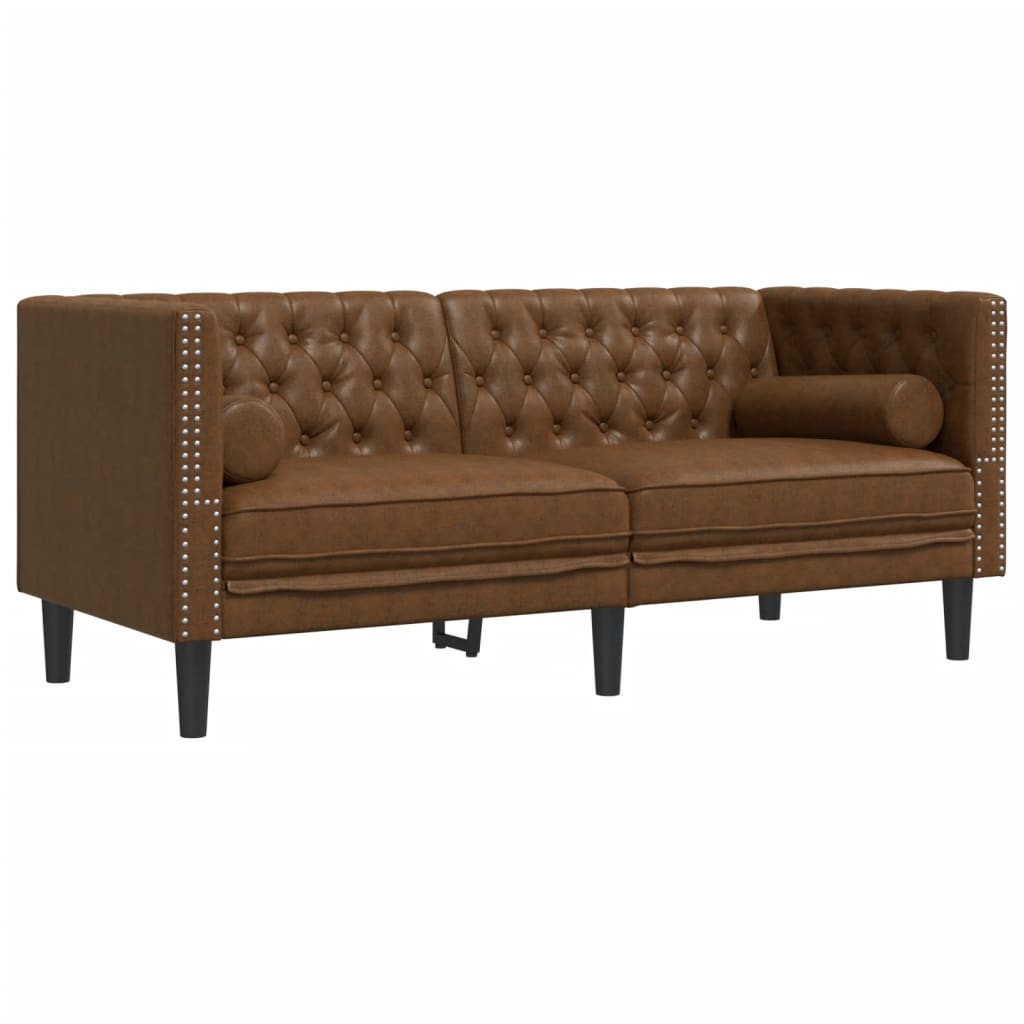 2 személyes barna műbőr chesterfield kanapé hengerpárnákkal
