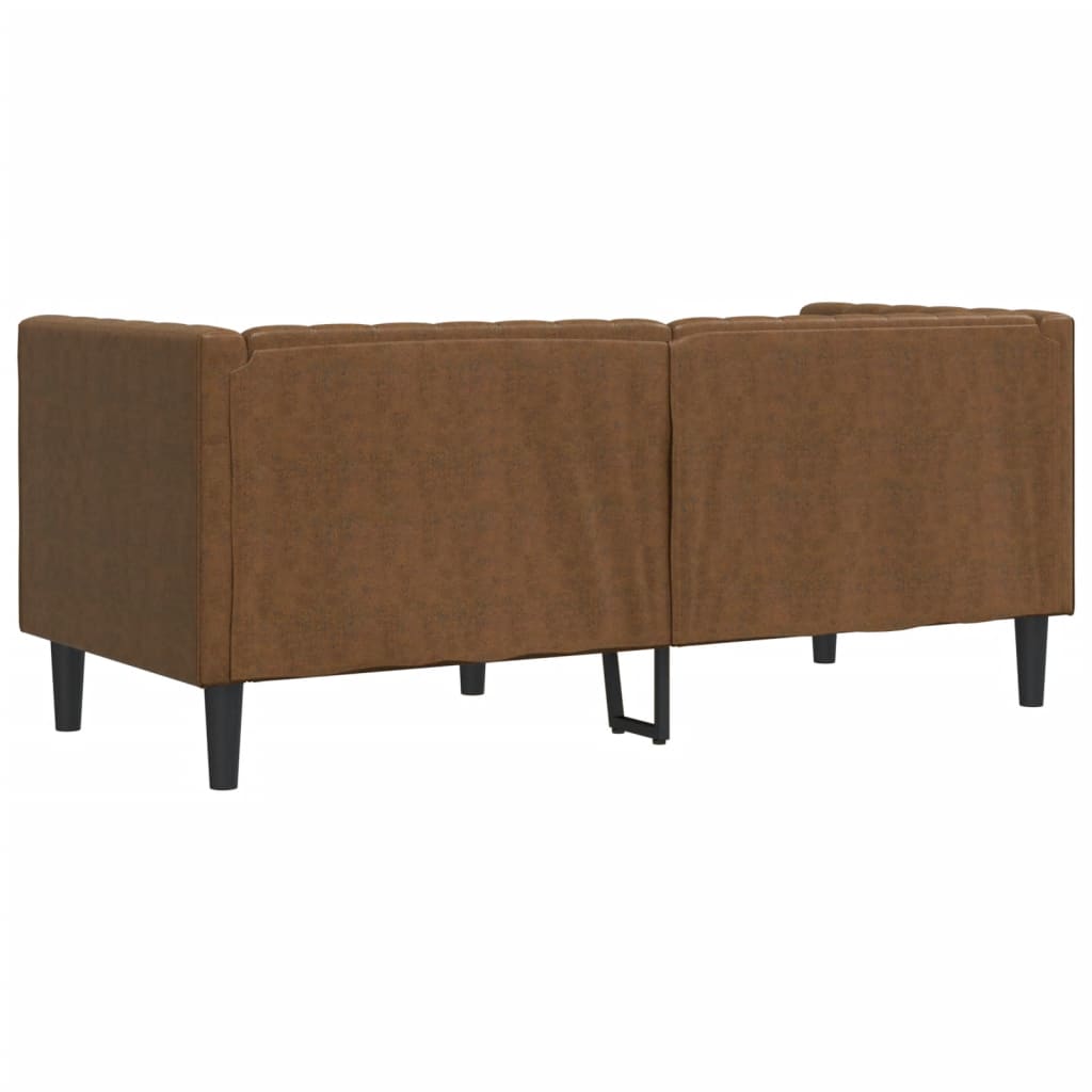 2 személyes barna műbőr chesterfield kanapé hengerpárnákkal