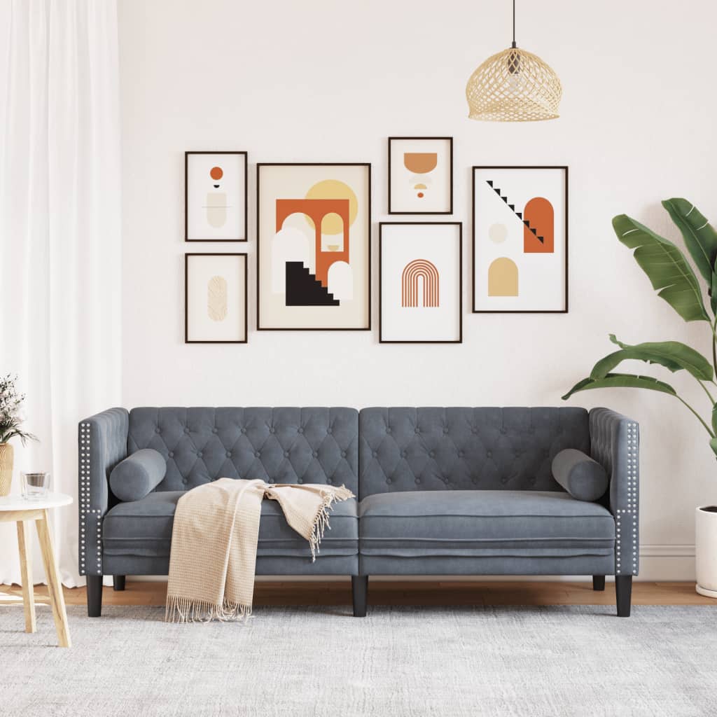 3 személyes sötétszürke bársony chesterfield kanapé párnákkal 3 személyes sötétszürke bársony chesterfield kanapé párnákkal