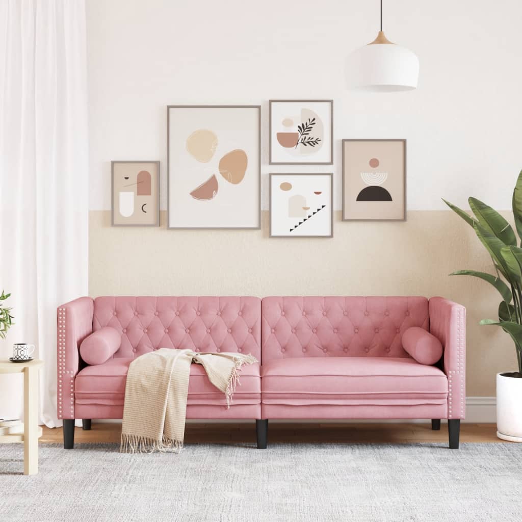 3 személyes rózsaszín bársony chesterfield kanapé párnákkal 3 személyes rózsaszín bársony chesterfield kanapé párnákkal