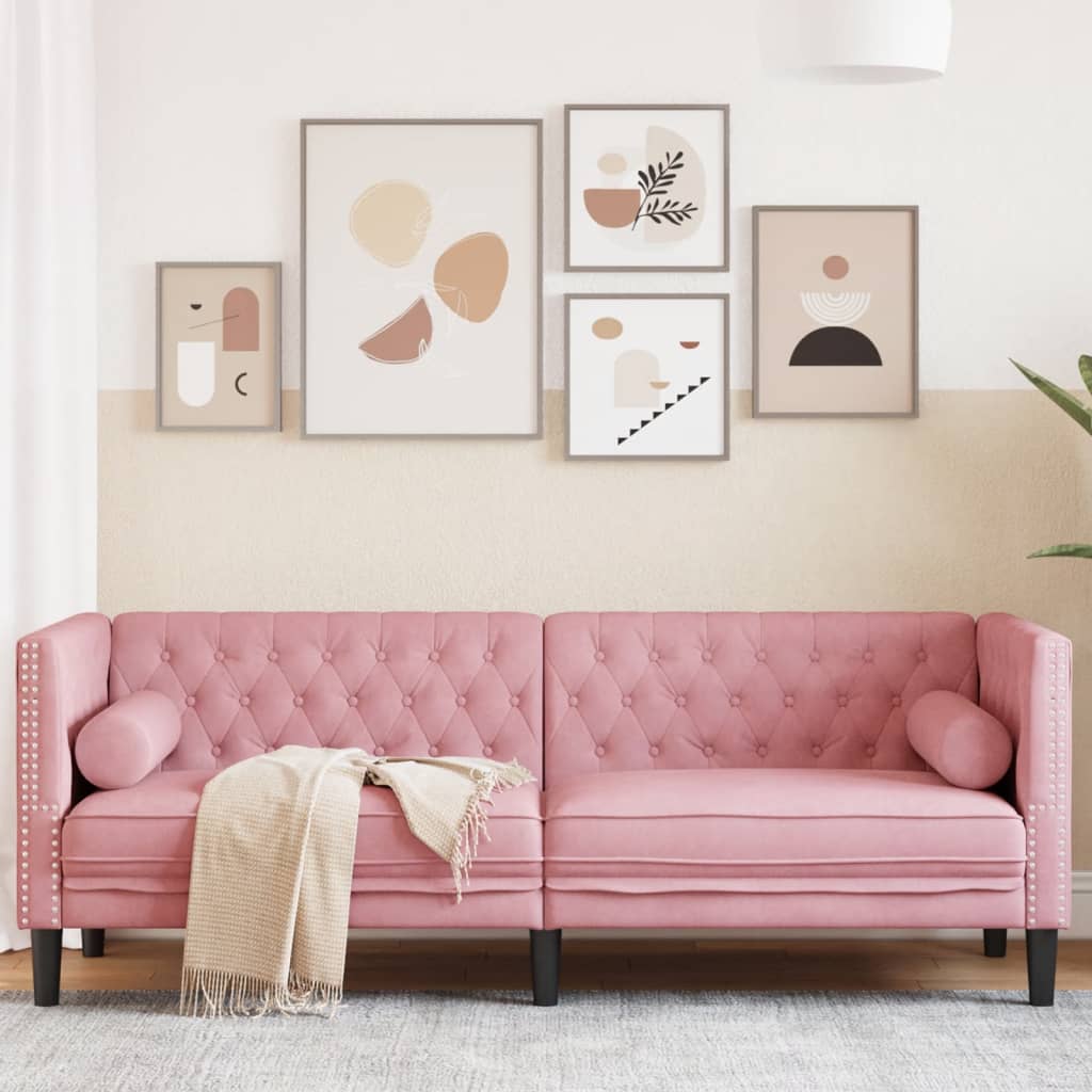 3 személyes rózsaszín bársony chesterfield kanapé párnákkal 3 személyes rózsaszín bársony chesterfield kanapé párnákkal
