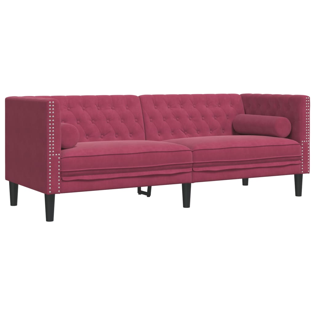 3 személyes bordó bársony chesterfield kanapé hengerpárnákkal 3 személyes bordó bársony chesterfield kanapé hengerpárnákkal