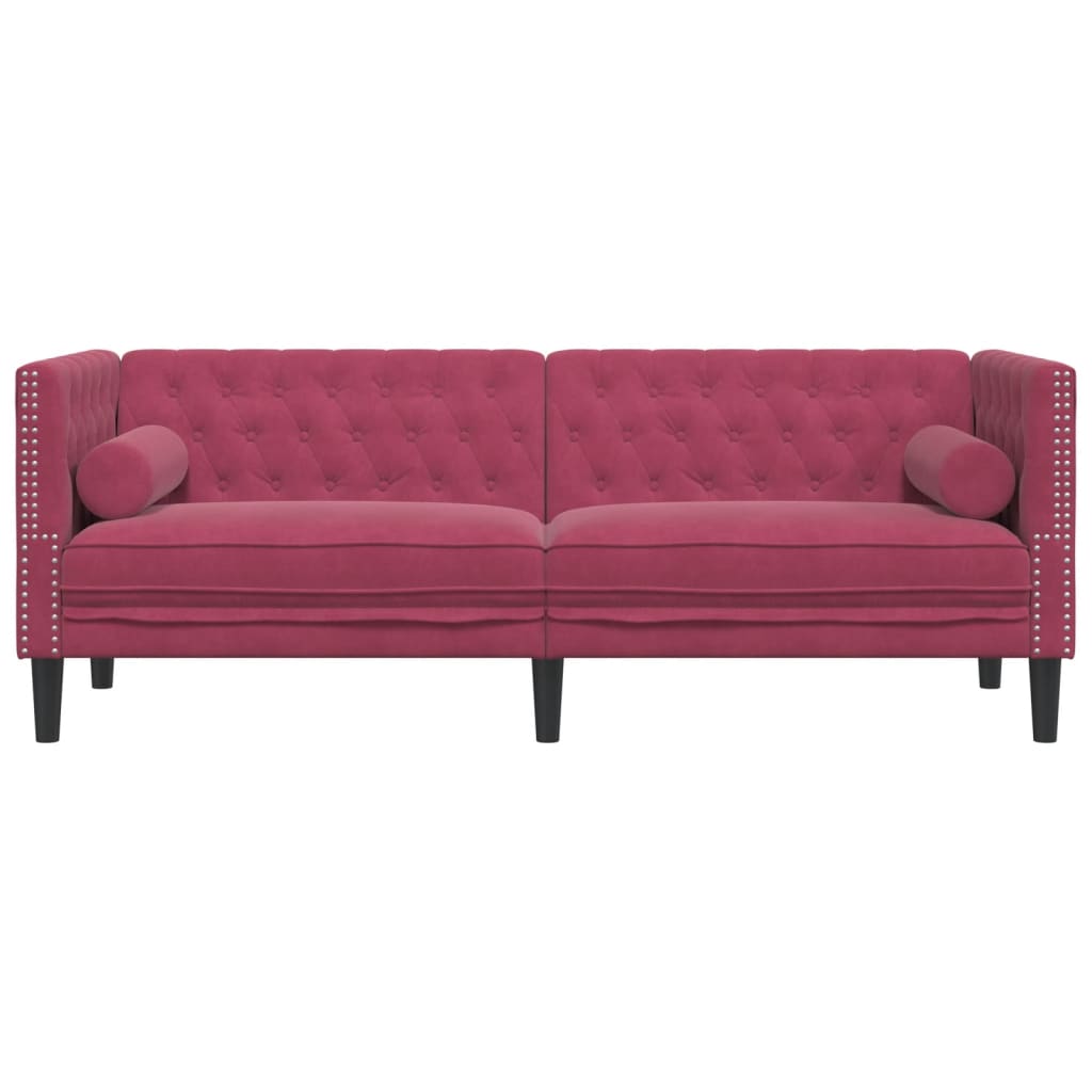 3 személyes bordó bársony chesterfield kanapé hengerpárnákkal 3 személyes bordó bársony chesterfield kanapé hengerpárnákkal