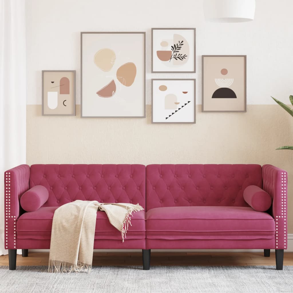 3 személyes bordó bársony chesterfield kanapé hengerpárnákkal 3 személyes bordó bársony chesterfield kanapé hengerpárnákkal