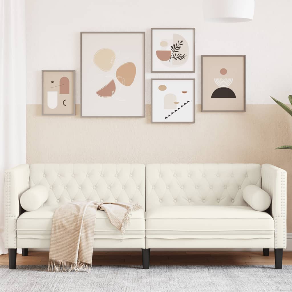 3 személyes krémszínű bársony chesterfield kanapé párnákkal 3 személyes krémszínű bársony chesterfield kanapé párnákkal
