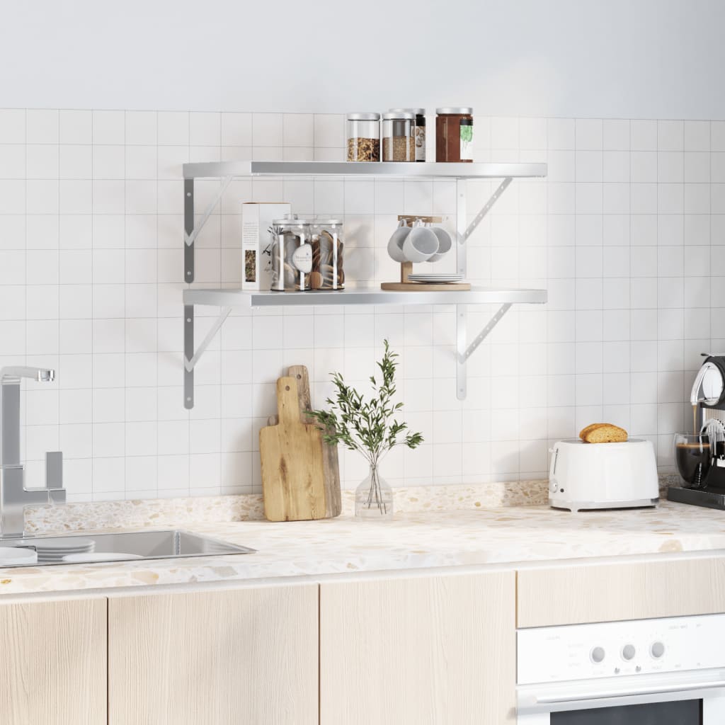 2 db ezüstszínű rozsdamentes acél fali polc 75 x 40 cm