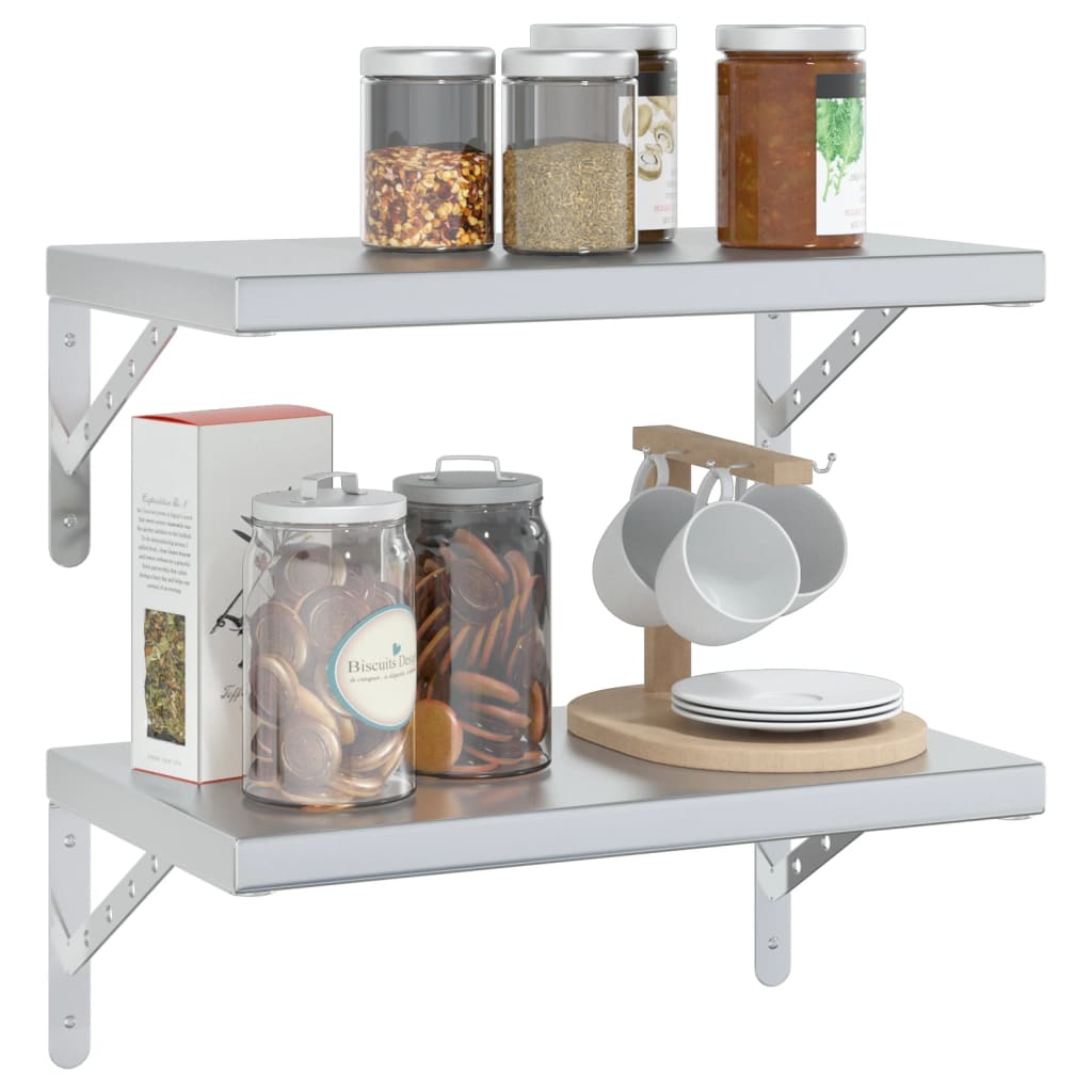 2 db ezüstszínű rozsdamentes acél fali polc 50 x 30 cm