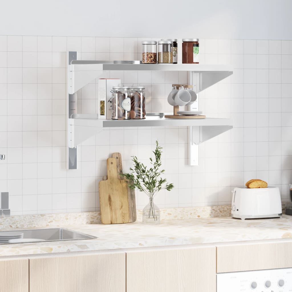 2 szintes ezüst rozsdamentes acél fali polc 75 x 40 x 60 cm