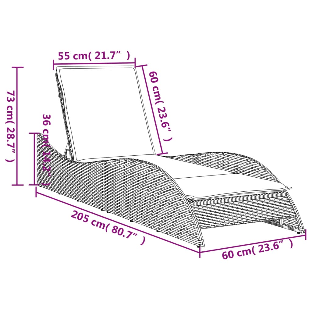 Fekete polyrattan napozóágy párnával 60x205x73 cm