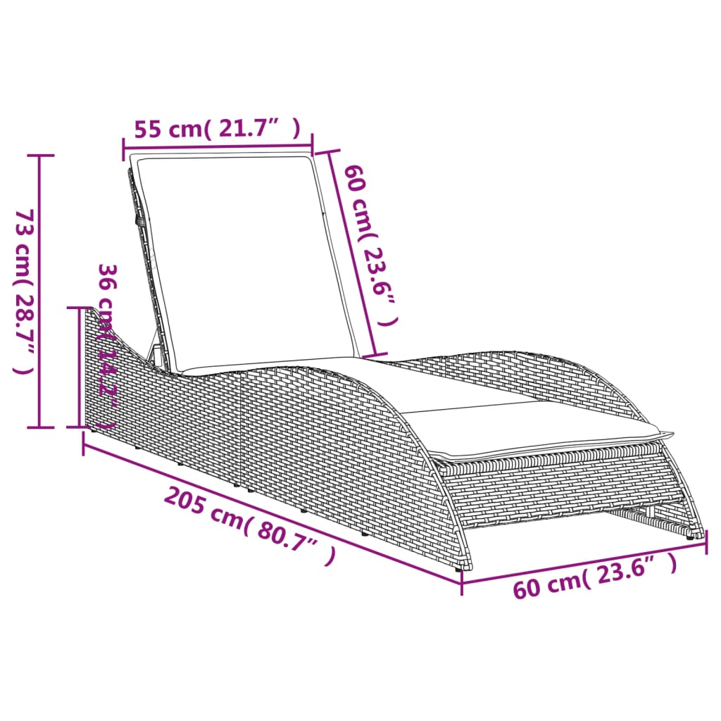 Világosszürke polyrattan napozóágy párnával 60x205x73 cm