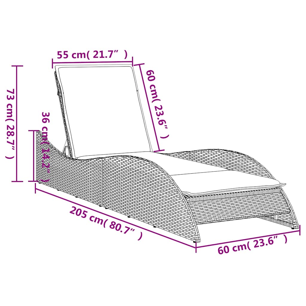 Szürke polyrattan napozóágy párnával 60 x 205 x 73 cm