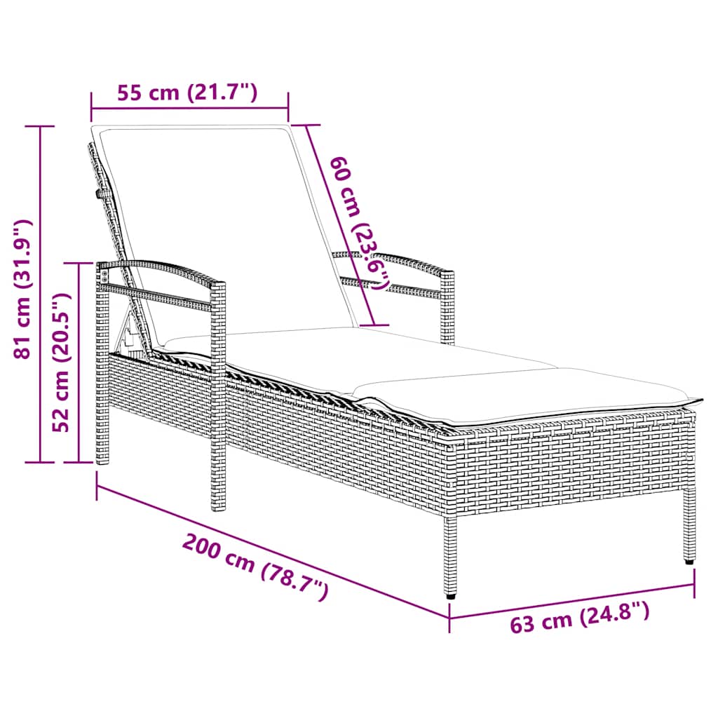 | napozó | párnával 1-személy szürke 63 x 200 x 81 cm polirattan