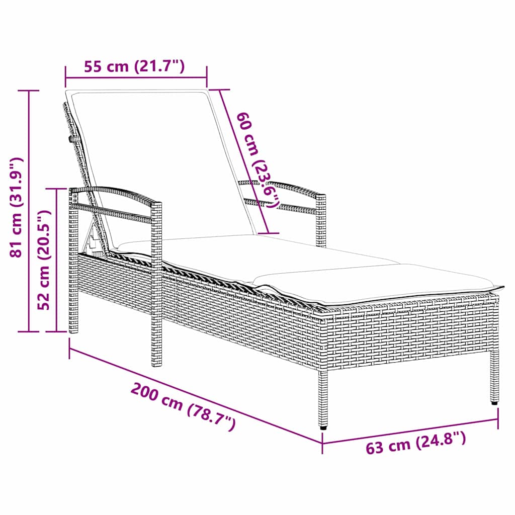 | napozó | párnával 1-személy fekete 63 x 200 x 81 cm polirattan