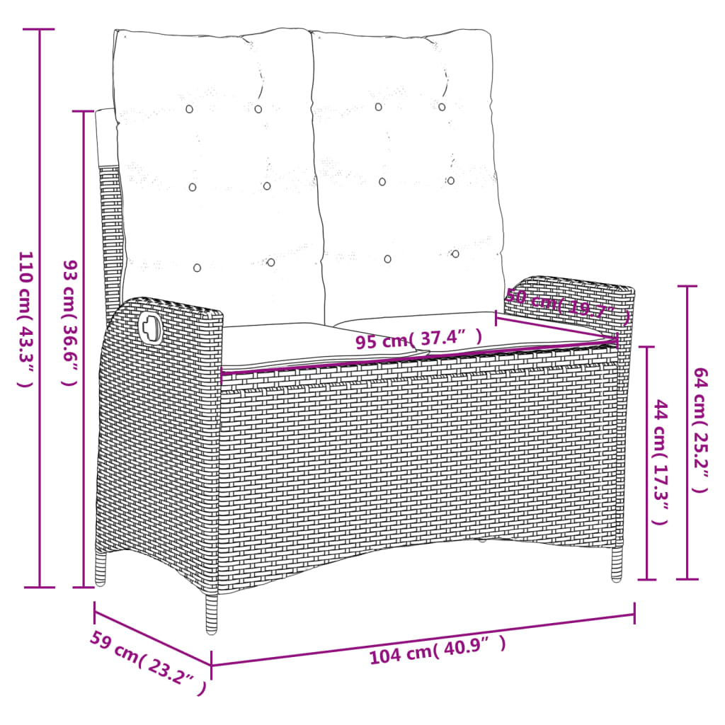 Szürke polyrattan dönthető kerti pad párnával