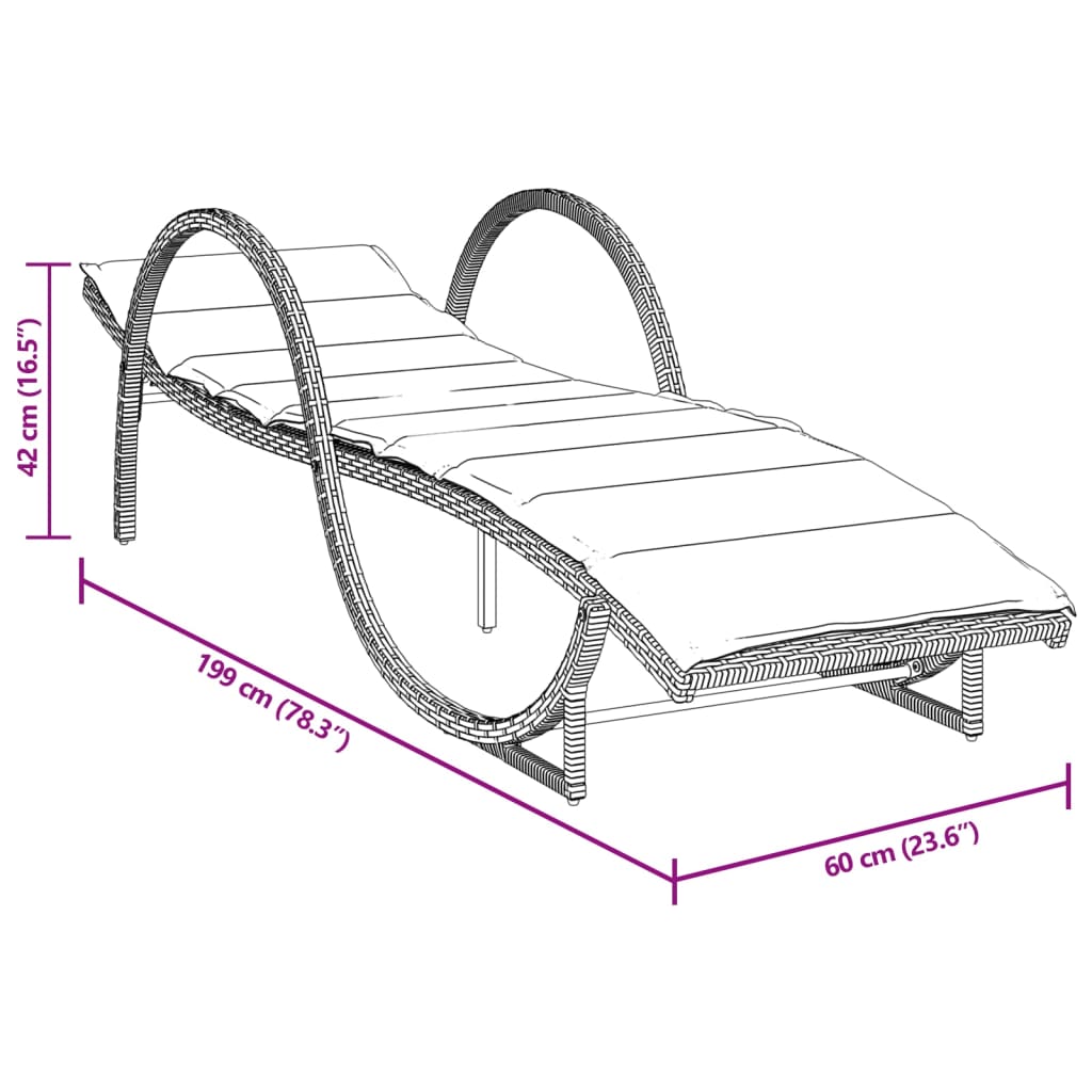 Szürke polyrattan napozóágy párnával 60x199x42 cm