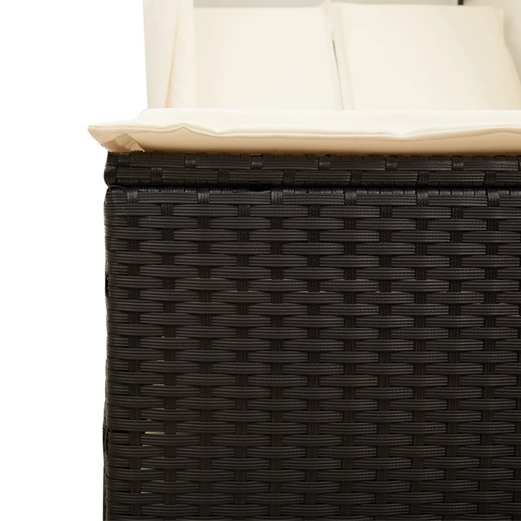 Fekete polyrattan dupla napozóágy tetővel és függönnyel
