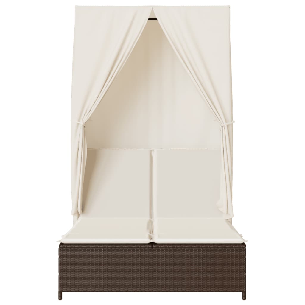 Barna polyrattan dupla napozóágy tetővel és függönyökkel