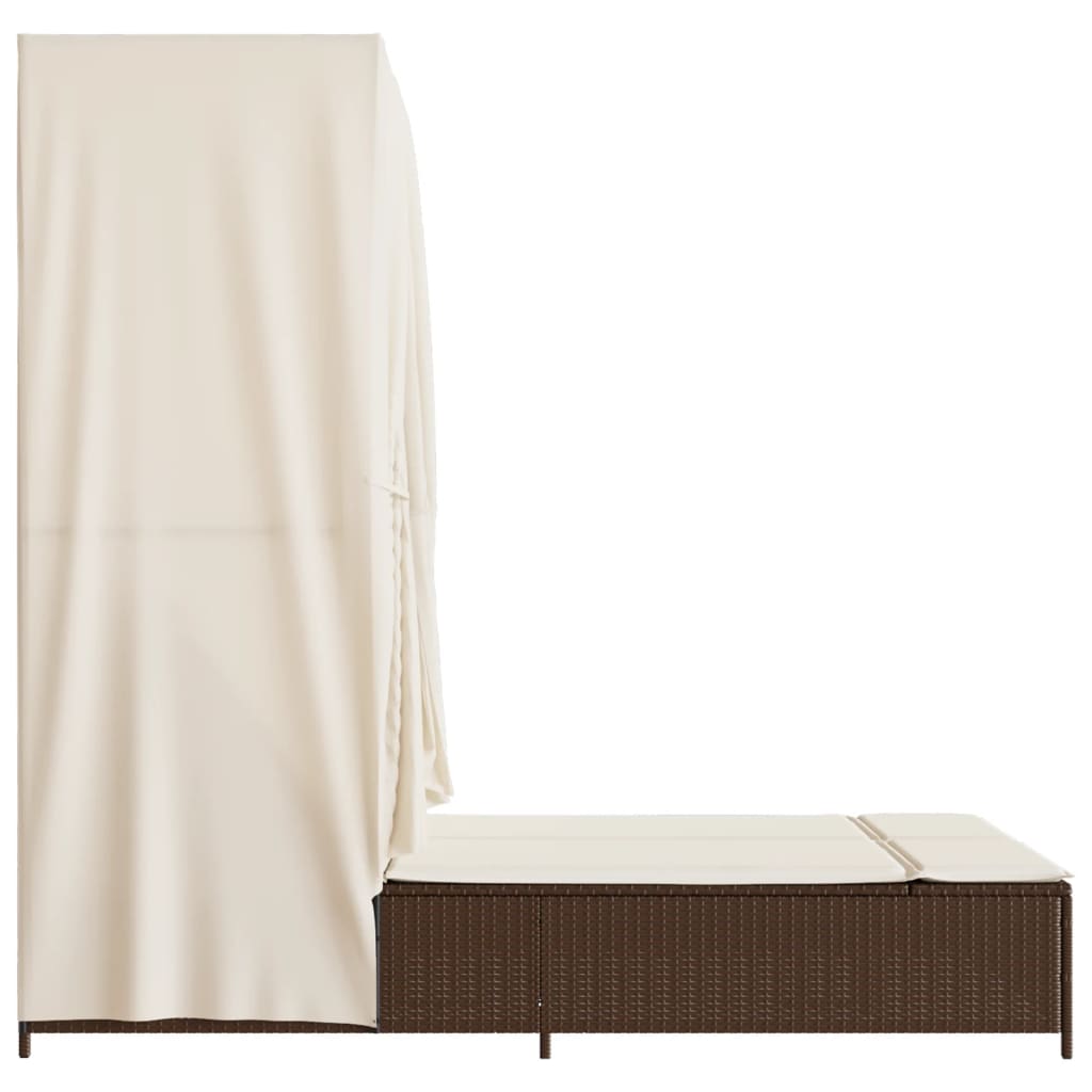 Barna polyrattan dupla napozóágy tetővel és függönyökkel