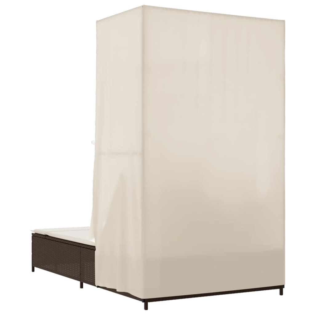 Barna polyrattan dupla napozóágy tetővel és függönyökkel